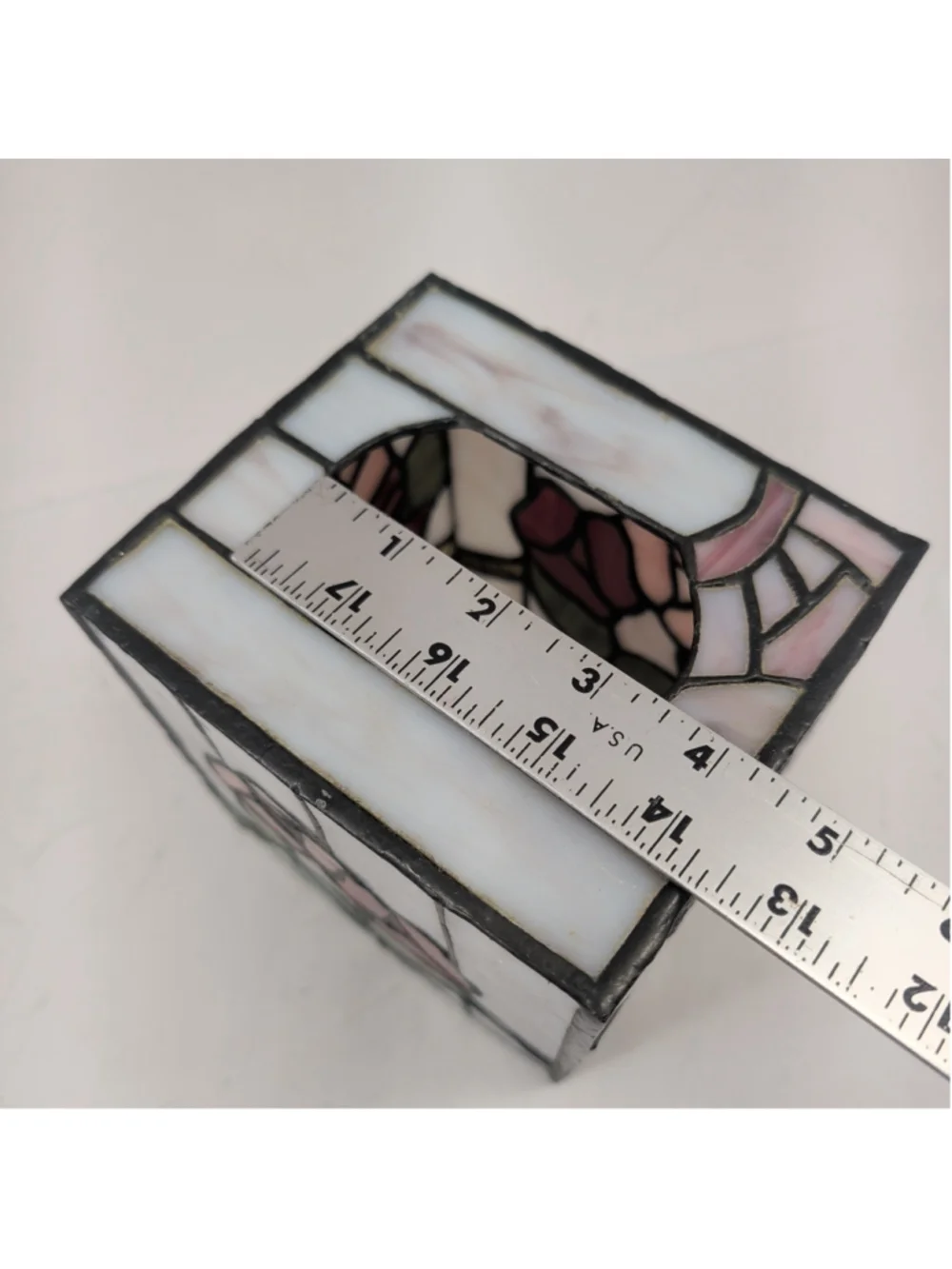 Stained glass floral rose square tissue box holder